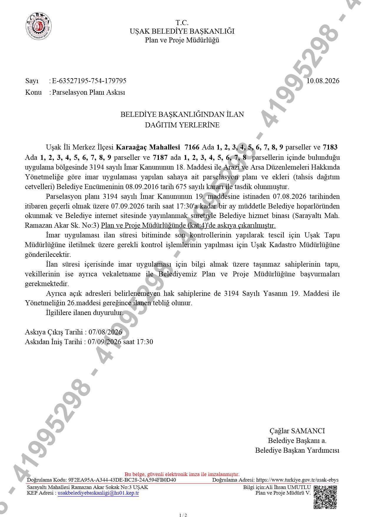 Karaağaç Mahallesi 7166, 7183 ve 7187 adalar 18. Madde Uygulaması Parselasyon Planı Askı İlanı