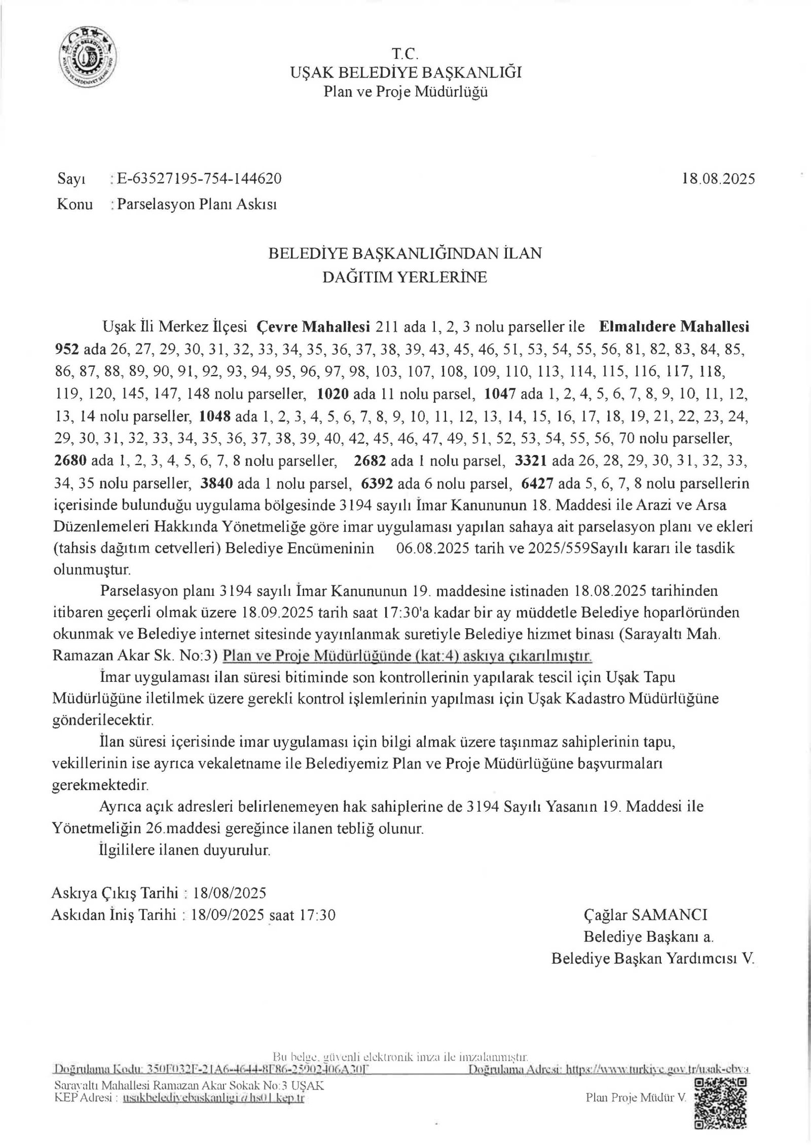 Çevre Mahallesi ve Elmalıdere Mahallesi 49. Bölge 3194 Sayılı İmar Kanununun 18. Madde Uygulaması Parselasyon Askısı