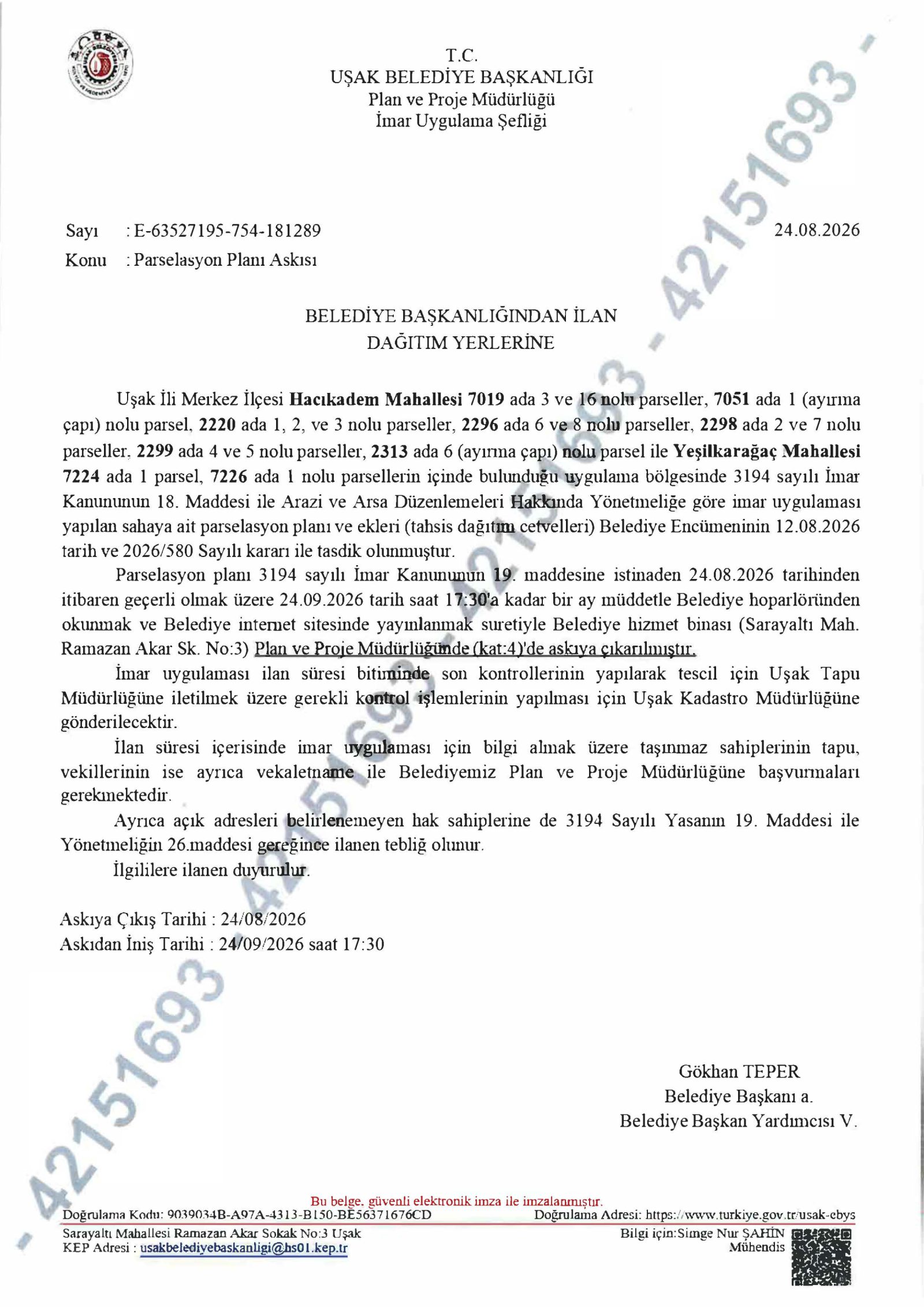 Hacıkadem ve Yeşilkarağaç Mahalleleri muhtelif ada ve parsellerde, 18. Madde Uygulaması Parselasyon Planı Askı İlanı