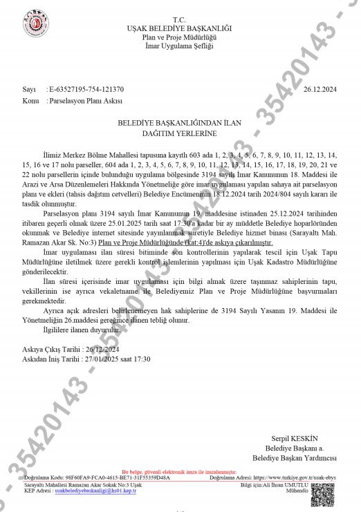 Bölme Mahallesi 603 ve 604 Adalar Muhtelif Parsellerde 3194 Sayılı İmar Kanununun 18. Madde Uygulama Çalışması Yapılmaktadır.