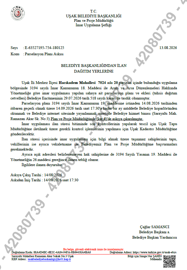 HACIKADEM MAHALLESİ 7024 ADA 20 PARSEL PARSELASYON ASKI İLANI