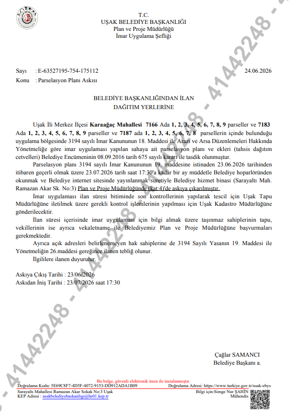 Karaağaç Mahallesi 7166, 7183 ve 7187 adalar 18. Madde Uygulaması Parselasyon Planı Askı İlanı